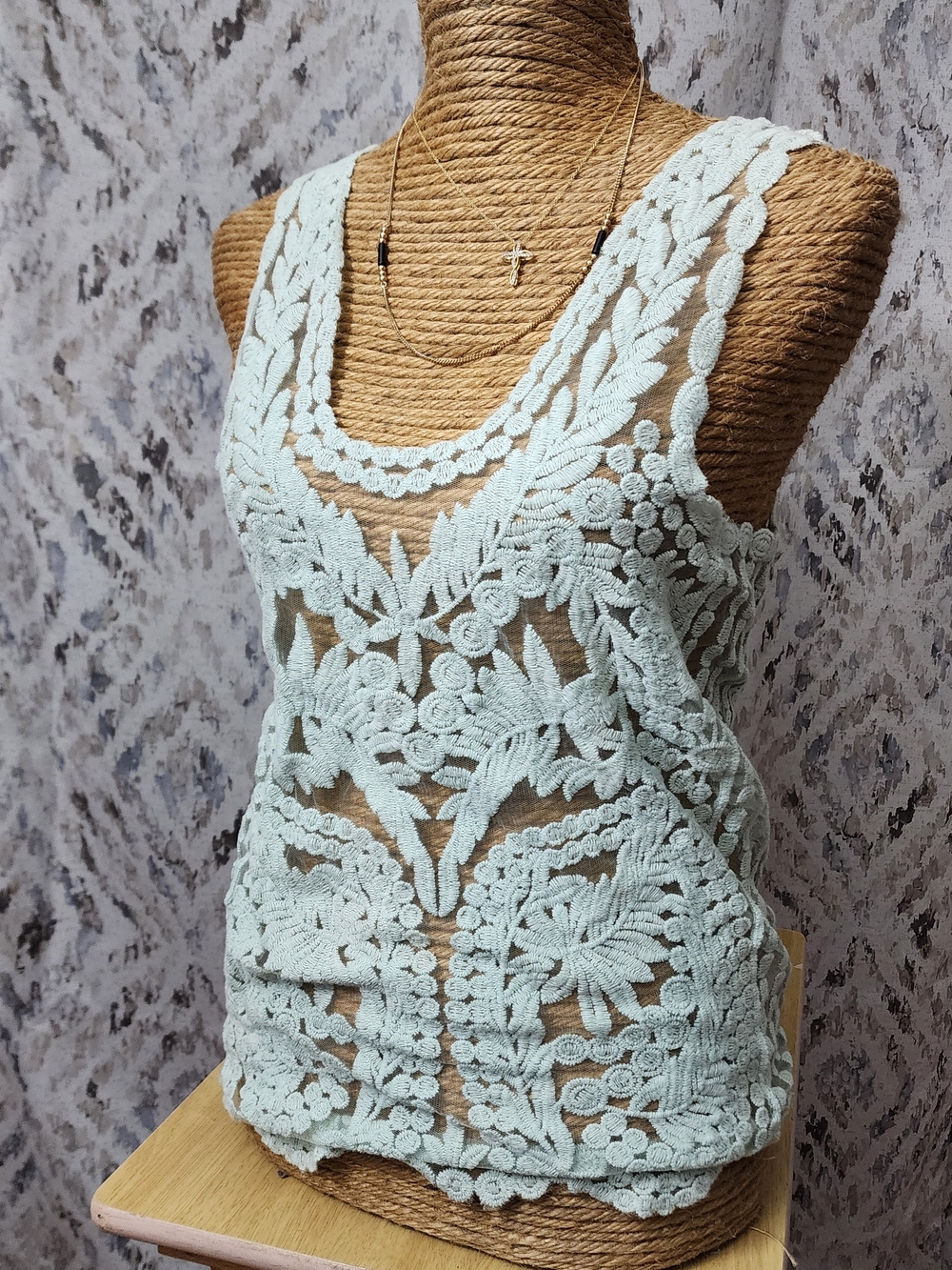 Trendology Top Women's Size L Lace Blouse Blue Floral Sheer Boho Hippie Festival